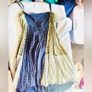 Free People Strapless Mixed-Print Maxi Dress in Navy, Yellow, Cream